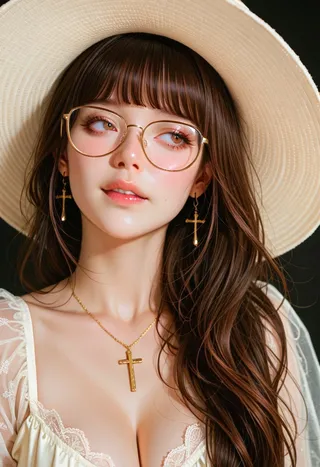 Close-up realistic portrait of a young woman with brown hair wearing round glasses, gold cross earrings and necklace, a straw hat, and a delicate lace dress.