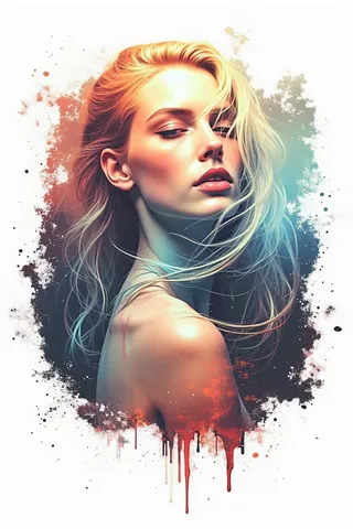 Portrait of an Irish woman with flowing blonde hair and a melancholic expression, surrounded by ethereal colors bleeding into a dark background with dramatic lighting effects.