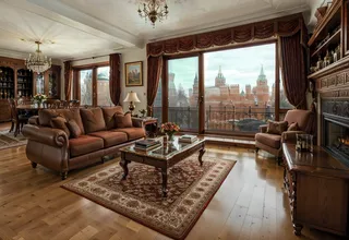 Traditional living room apartment with floor to ceiling windows showcasing Kremlin views, classic sofas, mahogany floor, fireplace, and chandelier.