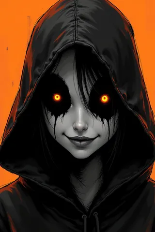 Closeup of a dark hooded figure with glowing orange eyes, eerie smile, and monochrome manga sketch style on an orange background with glitch effects.