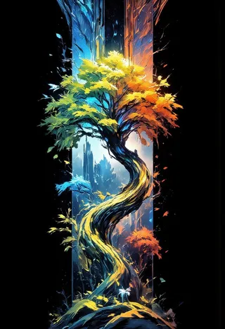 Digital painting of a tall stylized fantasy tree with four vertical panels each representing a different season: icy winter with blue leaves, vibrant spring with green leaves, warm summer with golden leaves, and fiery autumn with red leaves, all seamlessly blending with glowing leaves and fantasy lighting.