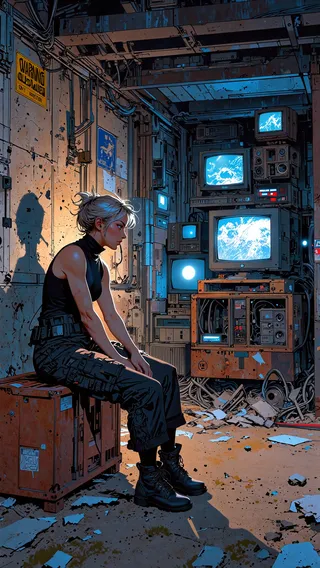 Młoda kobieta z siwoblond włosami i taktycznymi spodniami cargo siedzi samotnie na zardzewiałej metalowej skrzyni w opuszczonym podziemnym bunkrze oświetlonym niebieskim światłem starych monitorów CRT oraz ciepłym sztucznym oświetleniem.