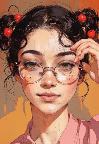 Close-up digital illustration of a young woman with large glasses, dark hair styled in two buns with red cherries, wearing a pink shirt against a warm gradient background.