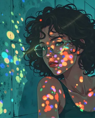 Digital portrait of a person with curly hair and glasses, illuminated by colorful rainbow-like spots of light casting dramatic shadows on a teal textured wall.
