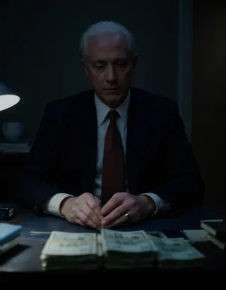 Un hombre con cabello blanco en un traje sentado detrás de un escritorio ejecutivo de noche, contando fajos de dinero bajo la luz de una lámpara de mesa.