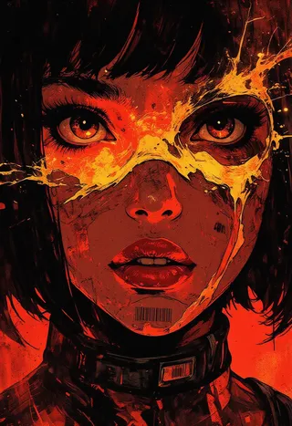A digital painting of an intense close-up female portrait with a hypnotic amber eye, molten gold streaks, crimson and obsidian tones, garnet lips, black inky bob hairstyle, and barcode markings on her cheeks and neck.