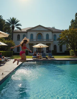A woman in a red swimsuit jumps beside a pool with water sparkling in daylight, in front of a grand Greek Revival mansion surrounded by palm trees and umbrellas.