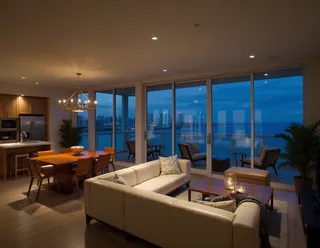Cozy Miami apartment interior at night with modern dining table, white leather sofa, floor to ceiling windows, and balcony overlooking the sea and downtown Miami with warm lighting.