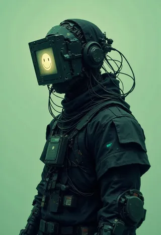 A cyber information scout dressed in dark mechanical armor with a glowing display screen showing an ascii art smiley face over a pastel green background, surrounded by detailed gear and wires.