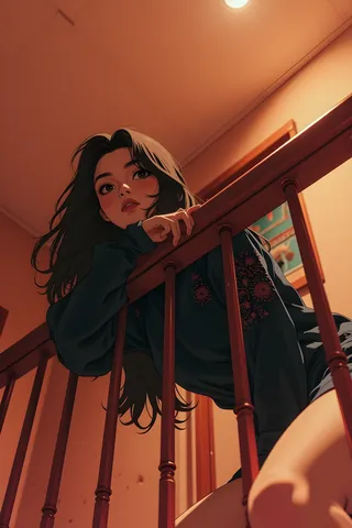 Portrait of a person with long dark hair leaning on a railing, illuminated by warm, intense orange lighting indoors.