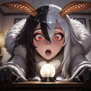 Realistic 3D anthro moth girl with split black and white hair, wide red eyes, and glowing light bulb on a wooden table, looking down with an awestruck expression.