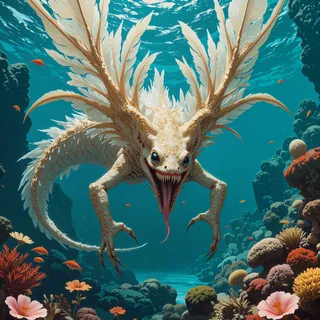 A hyper-realistic and photo-realistic depiction of the feathered skinkbeast, an alien aquatic creature with large translucent fins and a long stinging tail, swimming in crystal-clear waters surrounded by colorful coral reefs on planet Glorfingr VII.