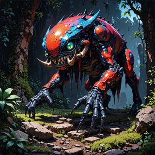 A hyper-realistic, sci-fi creature called xenophilic thundertribble with glowing green eyes, sharp claws, and orange-blue armored plating crouches in a forest on a distant planet.