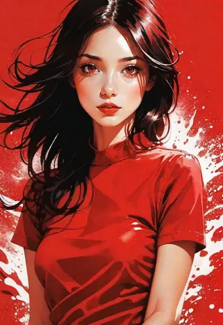 Digital illustration of a girl in a red dress with flowing dark hair, set against a vibrant red background with white splash effects.