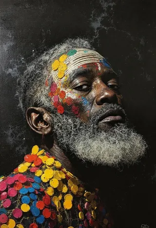 Portrait of an elderly African man with a gray beard adorned with colorful circular face paint and wearing a garment decorated with vibrant yellow, red, blue, and orange circles, set against a dark textured background.