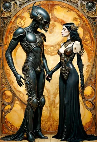 A steampunk-styled male figure in intricate robotic armor holding hands with a female figure in an elegant black art-nouveau gown, set against a detailed golden background.