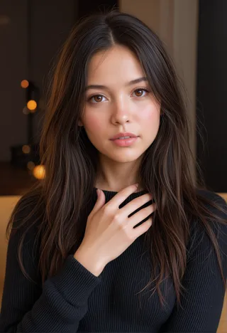 A realistic, ultra-detailed portrait of a young woman with long black hair and brown eyes wearing a black sweater, posing with an emotional and gentle expression under cinematic lighting.