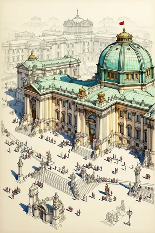 Meticulously detailed vintage watercolor sketch of Winter Palace in St. Petersburg, Russia, showing an isometric perspective with partial color emphasizing the Baroque architecture and Palace Square activity.