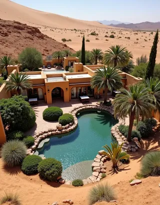 Aerial view of a Moroccan-style villa with a decorative mosaic-themed oasis pool, surrounded by manicured palm trees and lush plants in the Saharan desert with distant sand dunes.