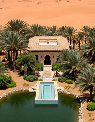 Aerial view of a Moroccan-style villa surrounded by palm trees and an oasis in the Saharan desert, featuring a decorative mosaic pathway and an elongated pool on water.