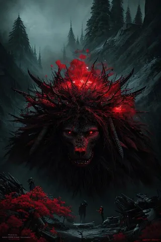 A dark fantasy scene featuring a large red glowing wolf head emerging in a mysterious forest with vivid red foliage and misty, cinematic lighting.