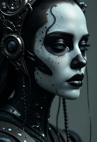 Profile view of a woman with hyper-detailed black and white moon-inspired face paint, wearing elegant mechanical headgear, exhibiting a hauntingly beautiful and realistic digital art style.
