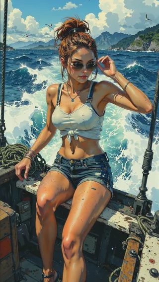 A young woman with auburn hair tied in a messy ponytail wearing sunglasses, a cropped white tank top, and denim shorts sits confidently on a sunlit fishing boat with ocean waves and distant islands in the background.