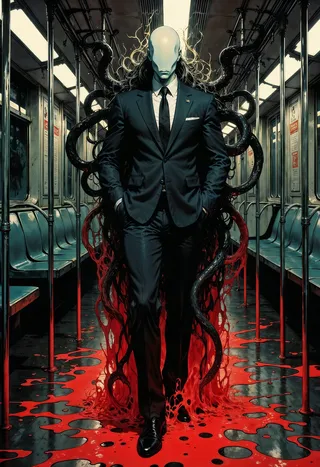 A surreal humanoid figure with a featureless pale face in a black suit stands confidently in a dimly lit subway train surrounded by swirling dark tendrils and pools of glowing red liquid on the floor.