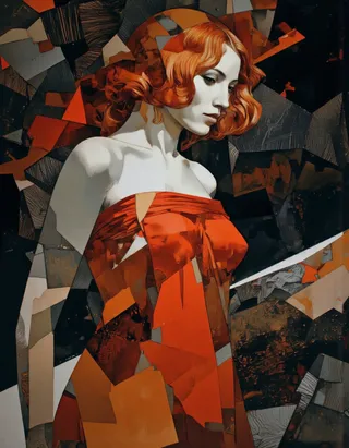A geometric portrait of a woman in profile with flowing orange hair, wearing a strapless red dress, set against a dark, abstract textured background.