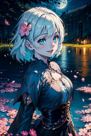 A white-haired girl with bright blue eyes stands smiling in a flowery meadow under a moonlit night sky, surrounded by flying petals and illuminated by cinematic lighting.