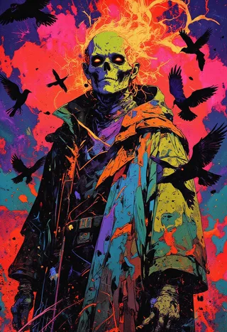 A skeleton figure with a flaming head in vivid neon colors, wearing a multicolored coat, surrounded by black crows against a psychedelic high contrast background.