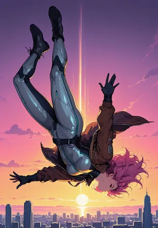 A dynamic illustration of a pink-haired girl in a silver bodysuit and brown bomber jacket diving upside-down in mid-air above a city skyline at sunrise, with volumetric lighting enhancing the scene.
