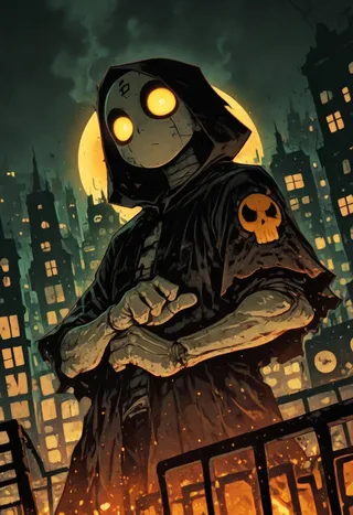A vigilante figure wearing a dark cloak with a skull emblem, standing on city rooftops under moonlight with glowing yellow eyes and a grim urban fantasy atmosphere.