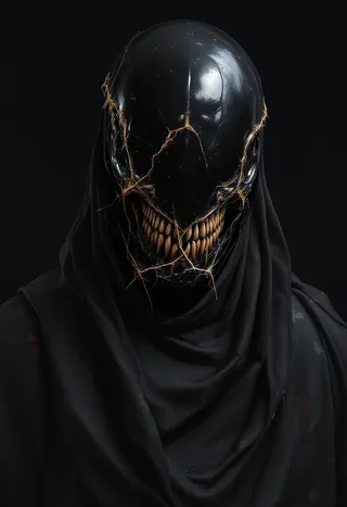A dark figure wearing a black mask with a cracked, metallic surface revealing sharp teeth, draped in a black cloak, creating a horrifying and industrial look.