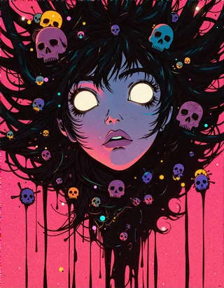 A retro anime-inspired surreal horror illustration featuring a ghostly female face with glowing white eyes, surrounded by dripping black hair interwoven with colorful neon skulls on a vivid pink background.