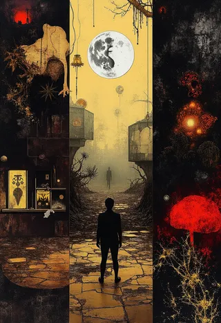Surreal dreamscape in Dave McKean style showing two silhouetted figures amid a cracked pathway, under a large ethereal moon, surrounded by crumbling city elements and abstract organic growths.