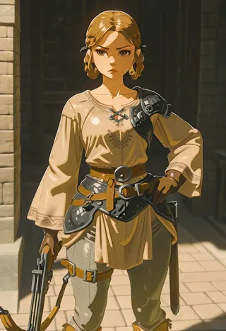 3D rendered medieval female warrior with braided hair and brown eyes wearing light brown shirt and leather armor, holding a crossbow.