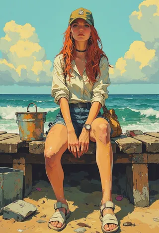 A detailed illustration of a woman with long orange wavy hair dressed as a fisherman, wearing a cap, white shirt, jeans shorts and white sandals, sitting on a wooden pier by the beach with a bucket and a bag beside her under a blue sky with fluffy clouds.