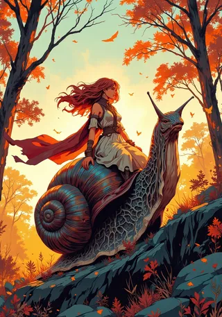 A woman with wavy auburn hair rides a gigantic snail through a forest during sunset, surrounded by orange autumn leaves and rocks.
