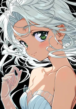 Close-up of an anime girl with long white hair, green eyes, and a seductive smile wearing a layered strapless dress and see-through gloves against a black background.
