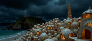 Stormy night scene of a Jamaican fantasy village made of glowing shell buildings with intricate gothic patterns near a turbulent seashore, featuring a tall shell lighthouse on a cliff.