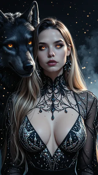 Portrait of a woman with glowing orange eyes standing beside a black wolf with similarly glowing eyes, both set against a dark, starry night sky background. The woman wears a detailed black lace dress adorned with jewels and intricate designs.