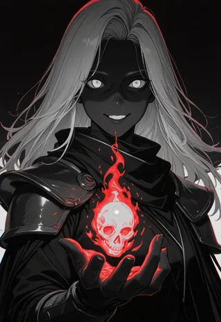 Close-up monochrome portrait of a dark-skinned sorceress with white round eyes and an eerie grin, holding a bright red flaming skull in her hand, wearing futuristic armor and a billowing cape.