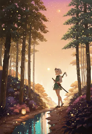 Anime-style girl with white short hair and blue eyes unsheathing a katana beside a riverside path under soft moonlight and lantern glow with fireflies in a warm-toned forest setting.