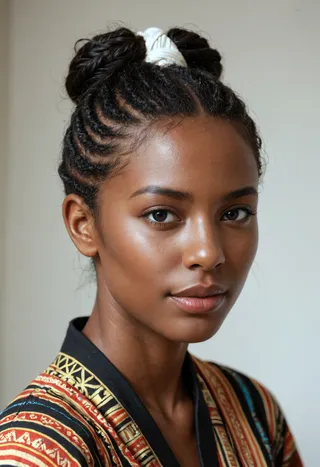 Close-up portrait of a 25-year-old Kenyan woman with black braided hair styled in buns, wearing colorful African clothes and a white head wrap, with detailed facial features and black eyes.
