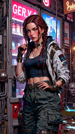 A young woman with braided auburn hair wearing a tech jacket and cargo pants stands confidently in a neon-lit cyberpunk junkyard surrounded by abandoned technology and glowing neon signs.