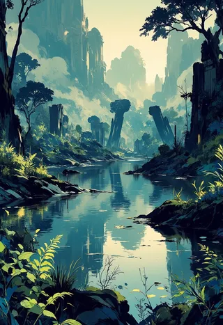 Tranquil rainforest lake at dawn with oversized ferns and bioluminescent plants, mist and ancient stone ruins reflected in calm water