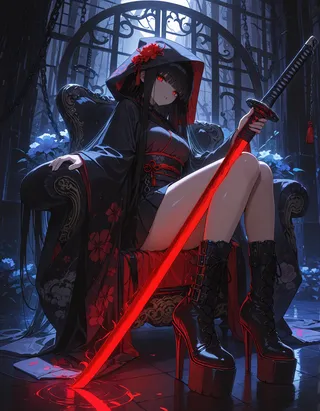 A black-haired girl with red eyes holding a glowing red katana, sitting on an ornate chair in dim lighting with Japanese clothes and high heel boots.