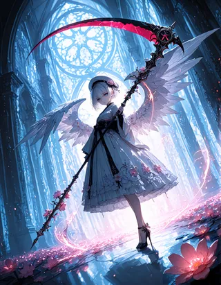 A white-haired angel with blue eyes, wings, and a white floral dress holding an elaborate scythe inside a grand cathedral with stained glass windows.