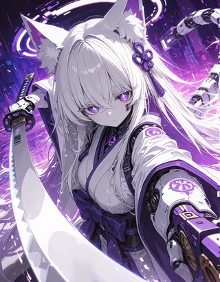 Anime-style robot girl with white hair, cat ears, purple eyes holding katana in dynamic action pose, featuring mechanical arm and glitch art effects with purple and white color theme.